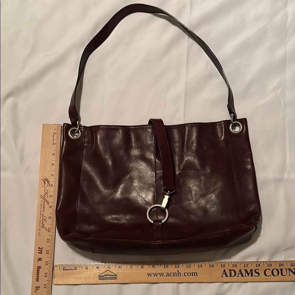 Brown Lined Leather Shoulder Bag w/ Embossed Logo, Inside Zip Pocket & 2 Inserts